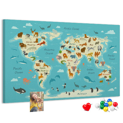 Korktafel Weltkarte mit Wildtieren