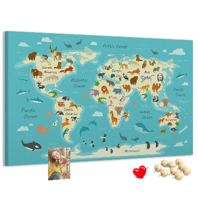 Korktafel Weltkarte mit Wildtieren