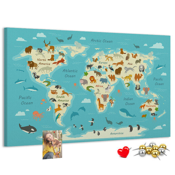Korktafel Weltkarte mit Wildtieren