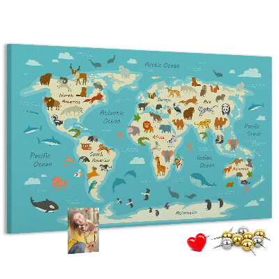 Korktafel Weltkarte mit Wildtieren