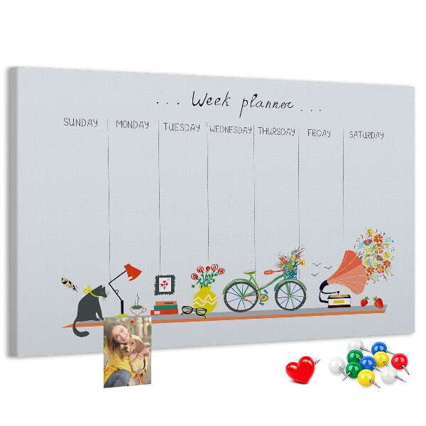 Korktafel farbenfroher Wochenplaner mit Büromotiven