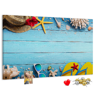 Kork-Pinnwand mit Motiv Sommerurlaub am Strand und Accessoires