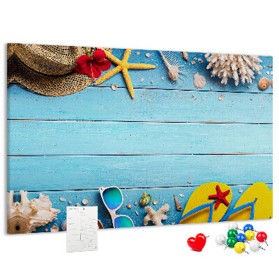 Kork-Pinnwand mit Motiv Sommerurlaub am Strand und Accessoires