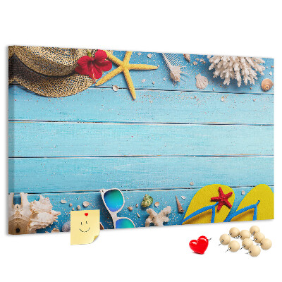 Kork-Pinnwand mit Motiv Sommerurlaub am Strand und Accessoires