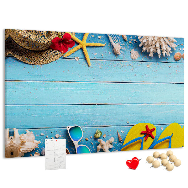 Kork-Pinnwand mit Motiv Sommerurlaub am Strand und Accessoires