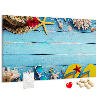 Kork-Pinnwand mit Motiv Sommerurlaub am Strand und Accessoires