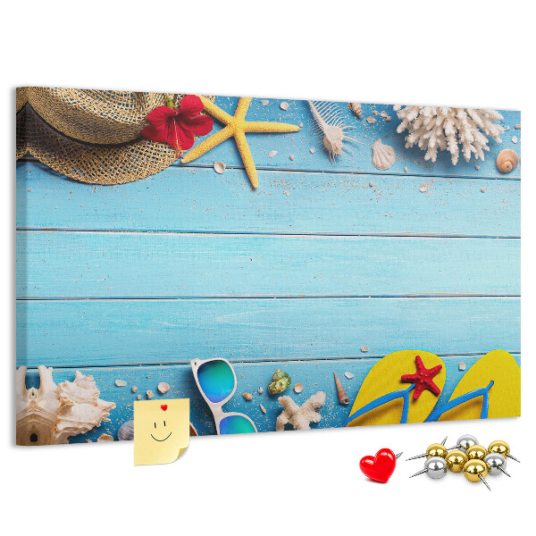 Kork-Pinnwand mit Motiv Sommerurlaub am Strand und Accessoires