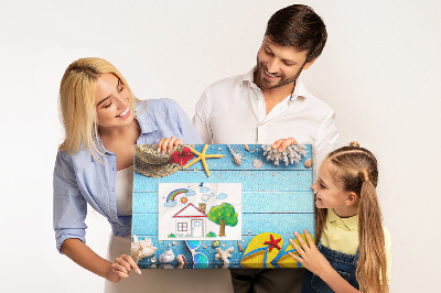 Kork-Pinnwand mit Motiv Sommerurlaub am Strand und Accessoires