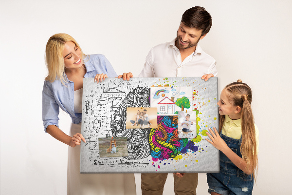 Korkbild mit dem Motiv Verstand und Kreativität in farbenfroher Harmonie