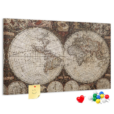 Korktafel mit antiker Weltkarte und geografischen Details
