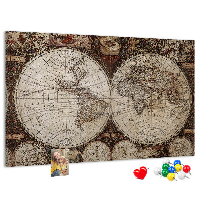Korktafel mit antiker Weltkarte und geografischen Details