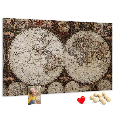 Korktafel mit antiker Weltkarte und geografischen Details
