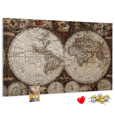 Korktafel mit antiker Weltkarte und geografischen Details