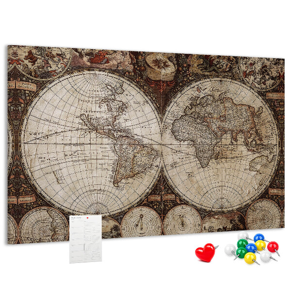 Korktafel mit antiker Weltkarte und geografischen Details