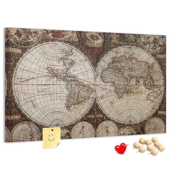 Korktafel mit antiker Weltkarte und geografischen Details
