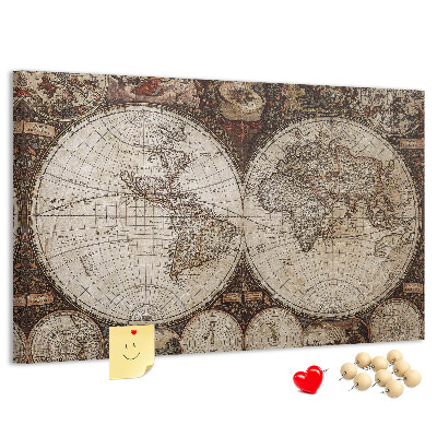 Korktafel mit antiker Weltkarte und geografischen Details
