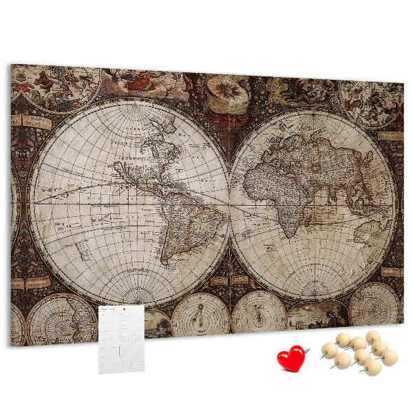 Korktafel mit antiker Weltkarte und geografischen Details