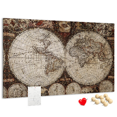Korktafel mit antiker Weltkarte und geografischen Details