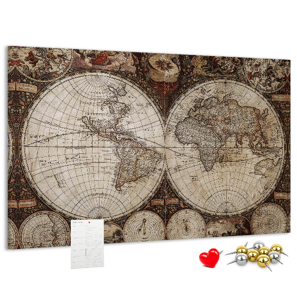 Korktafel mit antiker Weltkarte und geografischen Details