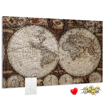 Korktafel mit antiker Weltkarte und geografischen Details