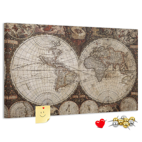 Korktafel mit antiker Weltkarte und geografischen Details