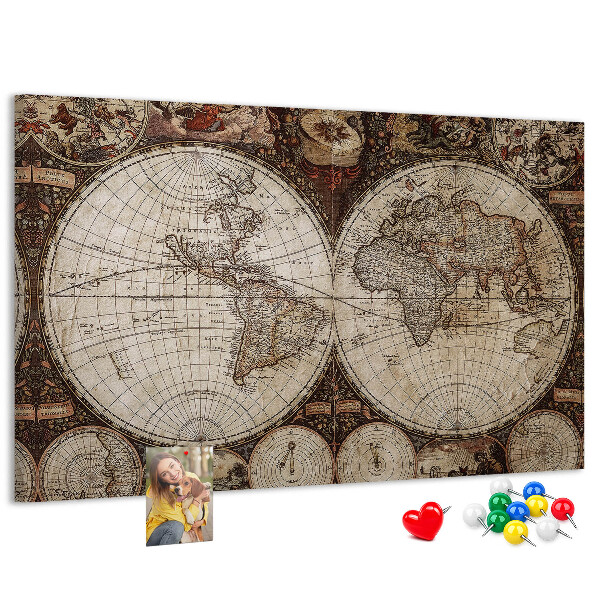 Korktafel mit antiker Weltkarte und geografischen Details