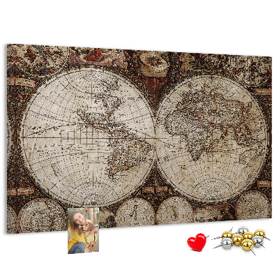 Korktafel mit antiker Weltkarte und geografischen Details