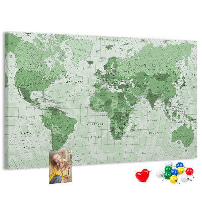 Grüne Weltkarte mit Kontinenten mit Korkrückwand