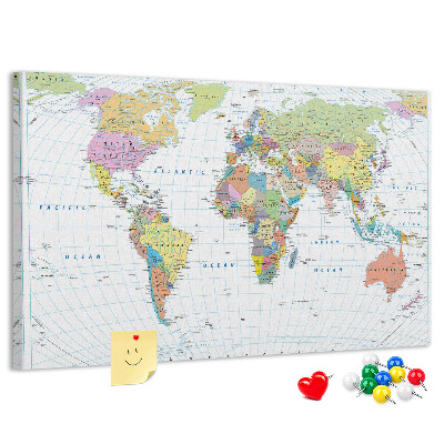 Korktafel weltkarte mit farbigen kontinenten