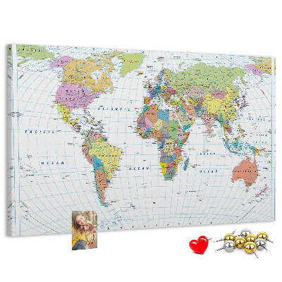 Korktafel weltkarte mit farbigen kontinenten