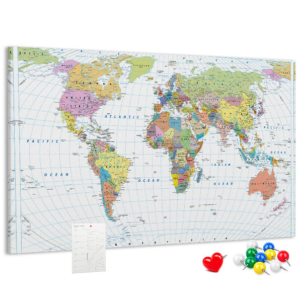 Korktafel weltkarte mit farbigen kontinenten