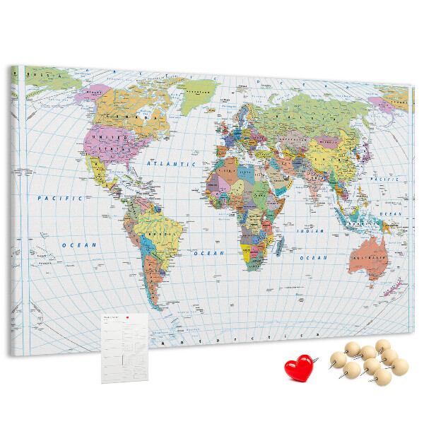 Korktafel weltkarte mit farbigen kontinenten