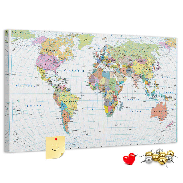 Korktafel weltkarte mit farbigen kontinenten