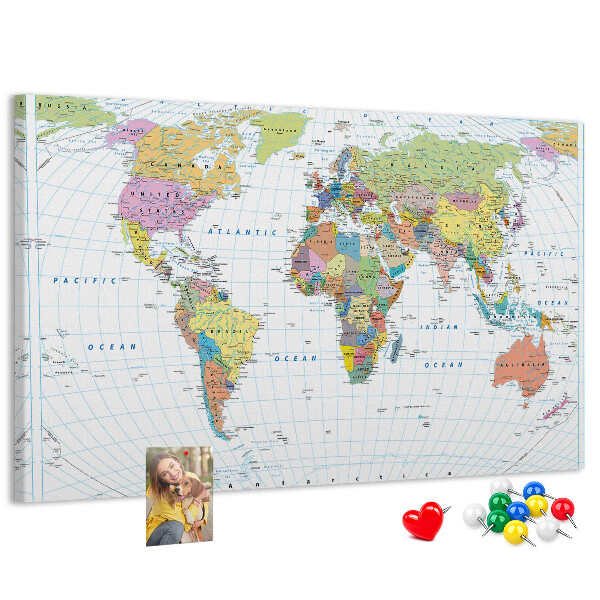 Korktafel weltkarte mit farbigen kontinenten