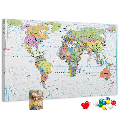 Korktafel weltkarte mit farbigen kontinenten