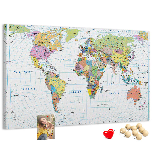 Korktafel weltkarte mit farbigen kontinenten