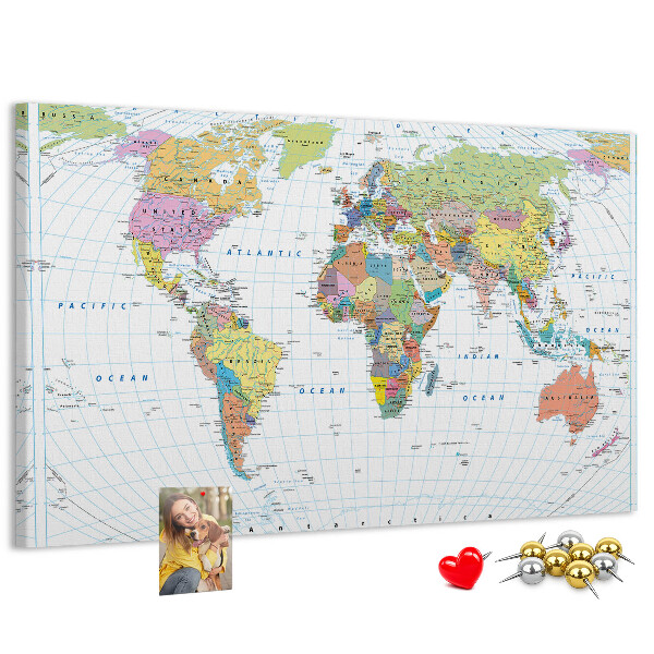 Korktafel weltkarte mit farbigen kontinenten
