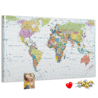 Korktafel weltkarte mit farbigen kontinenten