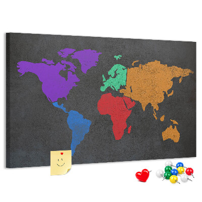 Weltkarte mit Korkrückwand farbenfrohes Design auf dunklem Hintergrund
