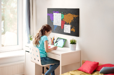 Weltkarte mit Korkrückwand farbenfrohes Design auf dunklem Hintergrund