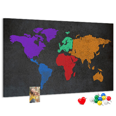 Weltkarte mit Korkrückwand farbenfrohes Design auf dunklem Hintergrund
