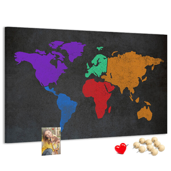 Weltkarte mit Korkrückwand farbenfrohes Design auf dunklem Hintergrund