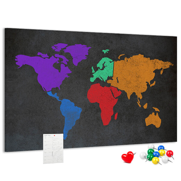 Weltkarte mit Korkrückwand farbenfrohes Design auf dunklem Hintergrund