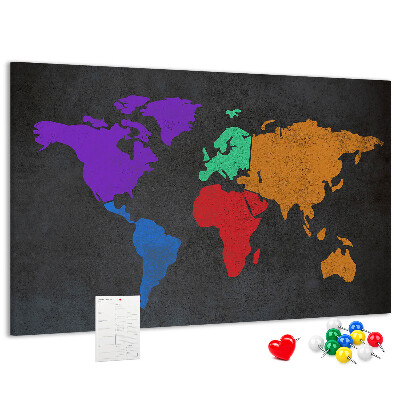 Weltkarte mit Korkrückwand farbenfrohes Design auf dunklem Hintergrund