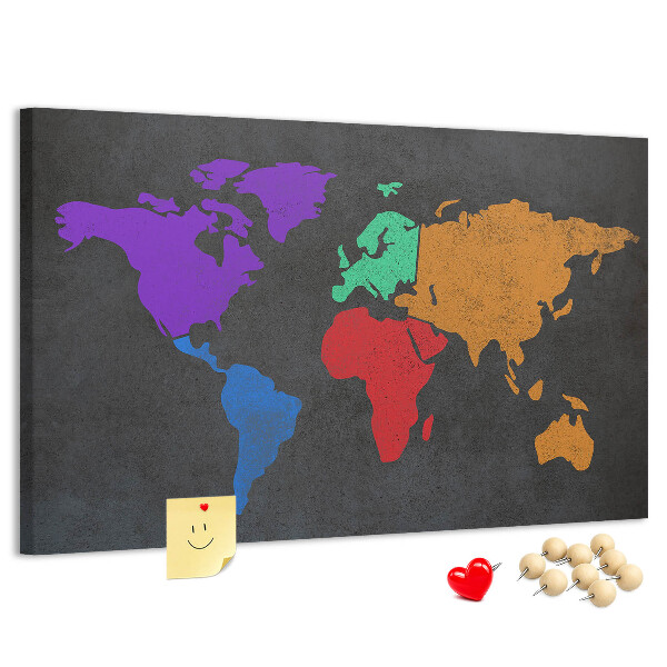Weltkarte mit Korkrückwand farbenfrohes Design auf dunklem Hintergrund