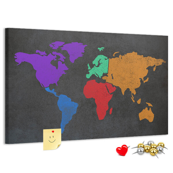 Weltkarte mit Korkrückwand farbenfrohes Design auf dunklem Hintergrund