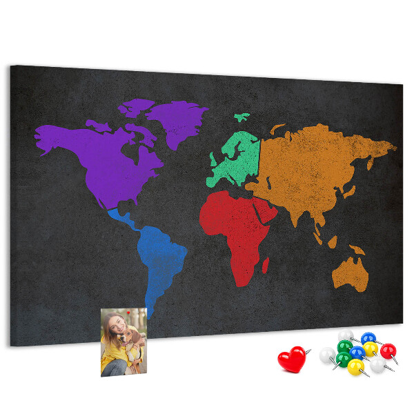 Weltkarte mit Korkrückwand farbenfrohes Design auf dunklem Hintergrund