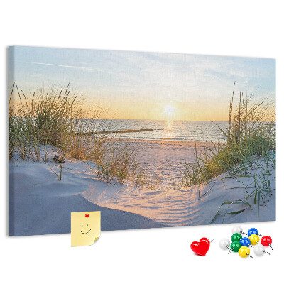 Bild mit Korkrückwand Sonnenuntergang über Strand und Dünen