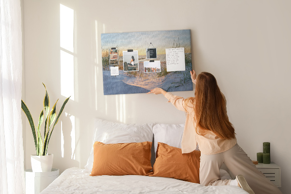Bild mit Korkrückwand Sonnenuntergang über Strand und Dünen