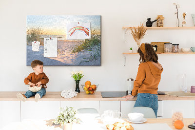 Bild mit Korkrückwand Sonnenuntergang über Strand und Dünen
